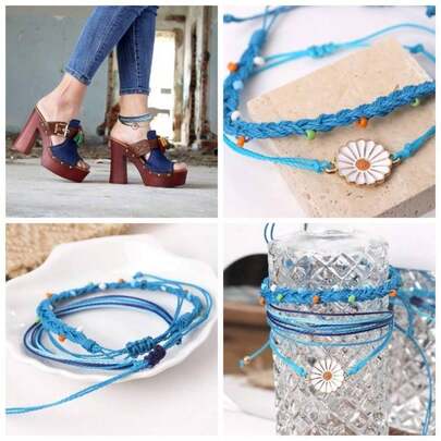 Boho String Anklets Bracelet Women Teen Surfer Wave Waterproof Rope Dainty Sunflower Cute Beads Handmade Stackable Braided Beach Anklet Friendship Summer Foot Jewelry