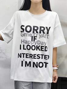 圆领短袖T恤，夏季新款字母印花，时尚休闲宽松女式上衣 - 白色 - 查看 2