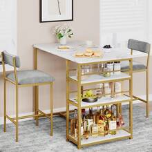 Techigher Dining Table Set For 2, Kitchen Table And Chairs, 3 Piece Counter Height Bar Kitchen Table Set With 2 Upholstered Chairs & 3 Storage Shelves For Small Space, Apartment - 1+2 Set - Gold - View 10
