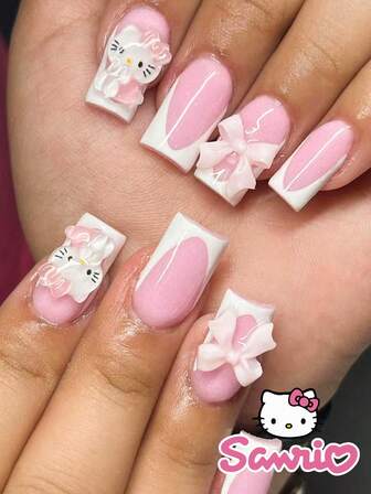  24PCS Short Square False Nail HelloKitty White French Sanrio Nail Art Cute Chrome Alloy Acrylic Press Nail Gel Nail Art Nail Art Supplies Nail Art Set (Attached: A Piece Of Jelly Gel And File) Suitable For Women Daily Dating Party