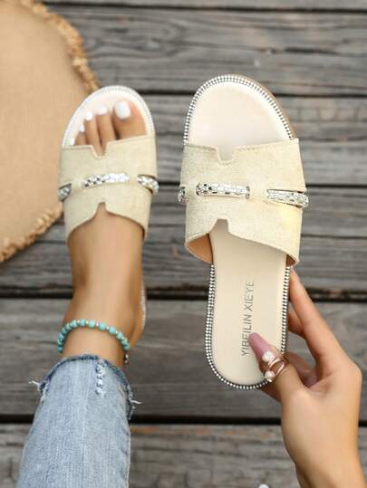 Summer New Rhinestone Slip-On Slippers Women, Fashion Versatile Flat Vacation Style Slip-On Sandals