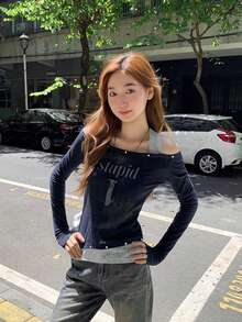 Kaos Lengan Panjang Wanita Model Off-Shoulder dengan Tali Leher, Potongan Slim Fit, Atasan untuk Padu Padan Kasual Awal Musim Gugur - biru laut - View 4