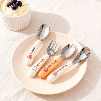 WORTHBUY 1set Portable 316 Stainless Steel Tableware Set, Cute Cartoon Fork Spoon Chopstick Cutlery Set, Feeding Fork Spoon Learning Chopstick, Reusable Training Dinnerware Set, Suitable For Students And Adults Use In Home, School, Office, Travel, Picnic