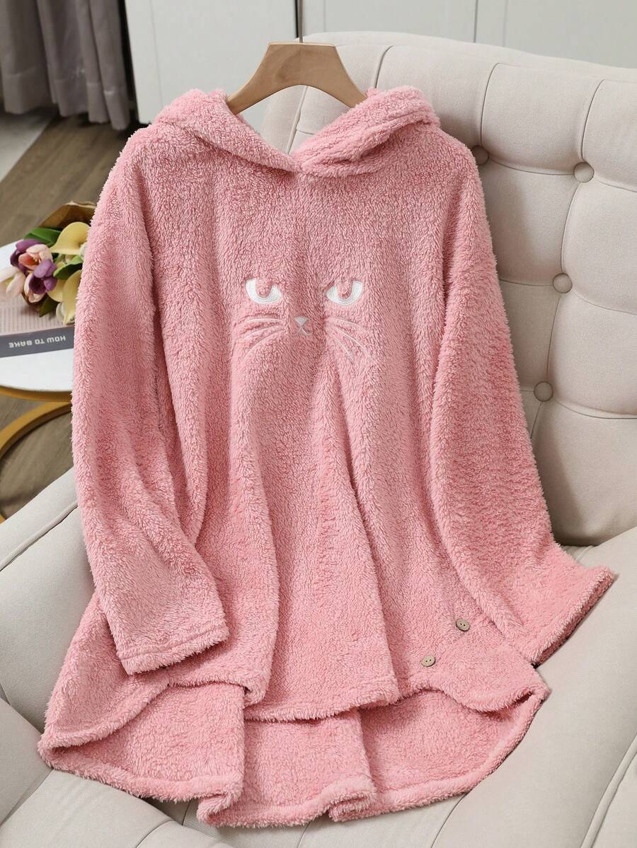 Women's Fashionable Solid Double-Sided Fluffy Applique Cat Ear Cute Casual Hoodie,Long Sleeve Tops