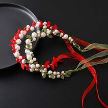 1pc Leaf Pearl Flower Girls Hair Band Sweet Braided Headband With Ribbon For Kids Children Party Performance Birthday Gift For Friends Mom Daughter - màu xanh lá - Xem 3