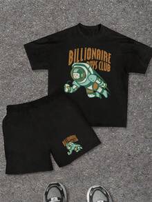 Boys'Casual Print Round Neck Short Sleeve T-Shirt Set, Summer Top - 黑色 - 查看 1