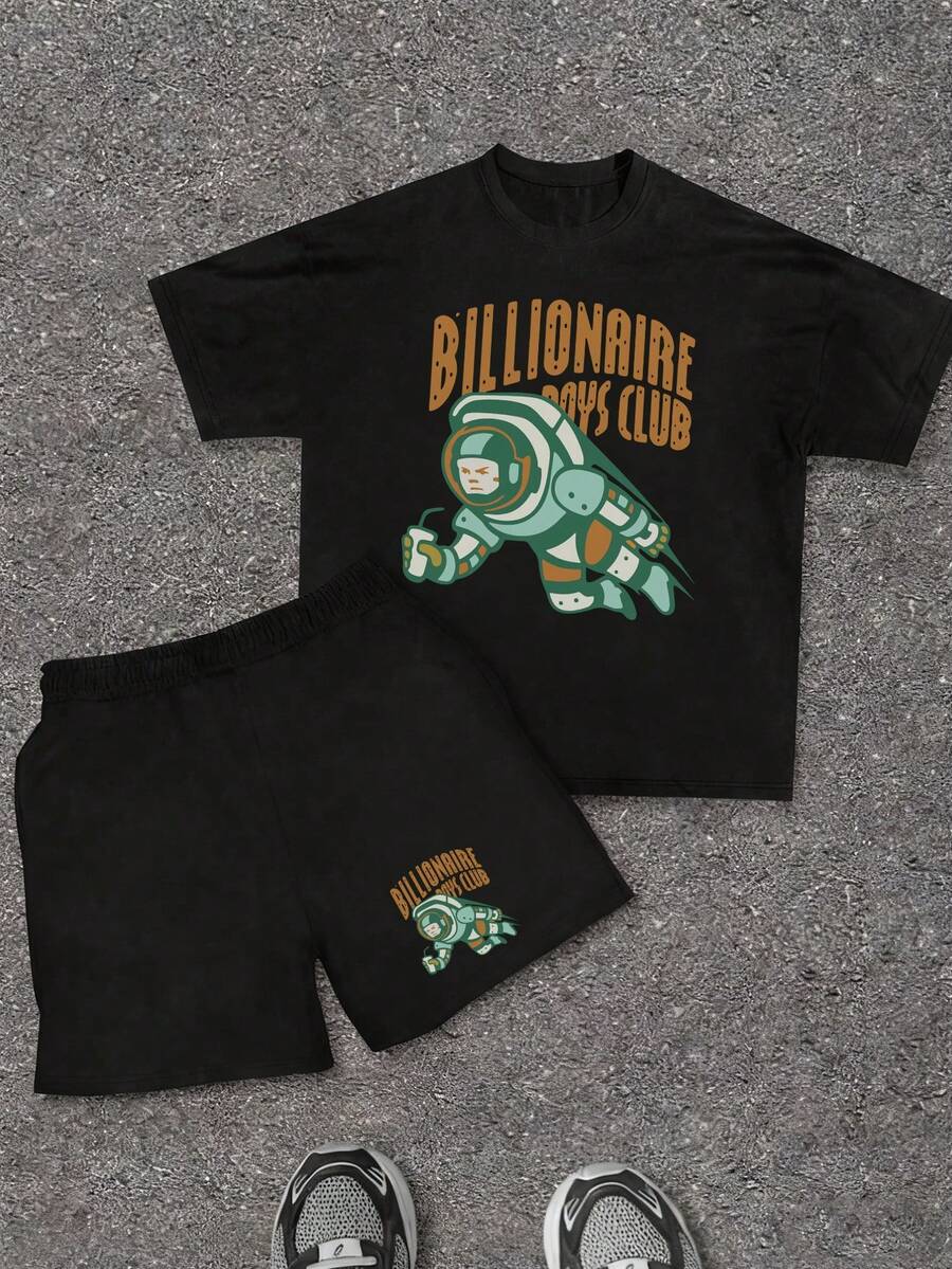 Boys'Casual Print Round Neck Short Sleeve T-Shirt Set, Summer Top - 黑色 - 查看 1