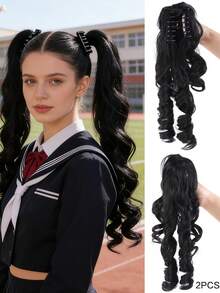 2pcs Fluffy Roman Curly Ponytail Wig Clips, Blonde & Black Lolita Double Ponytail - Multicolor - View 10