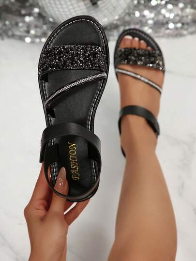 Women's Fashion Hook And Loop Casual Rhinestone Sequin Round Toe Solid Color Open Toe Slip-On Beach Sandals Flat Slippers, Spring/Summer
