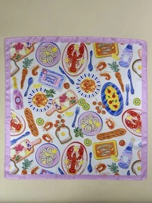 1pc Women's Elegant Satin Scarf With Lobster, Shrimp, Fruit, And Pasta Seafood Print, Neckerchief Hair Accessory - Multicolor - View 4