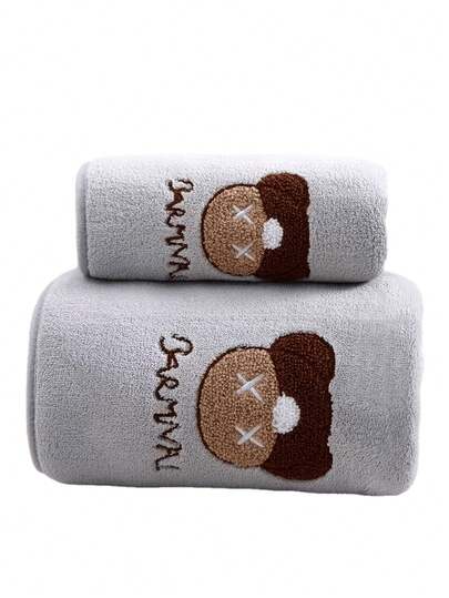 2-pack mjuka och absorberande handdukar i korallfleece med broderad björndesign, baby- och småbarnsvänligt, familjepaket