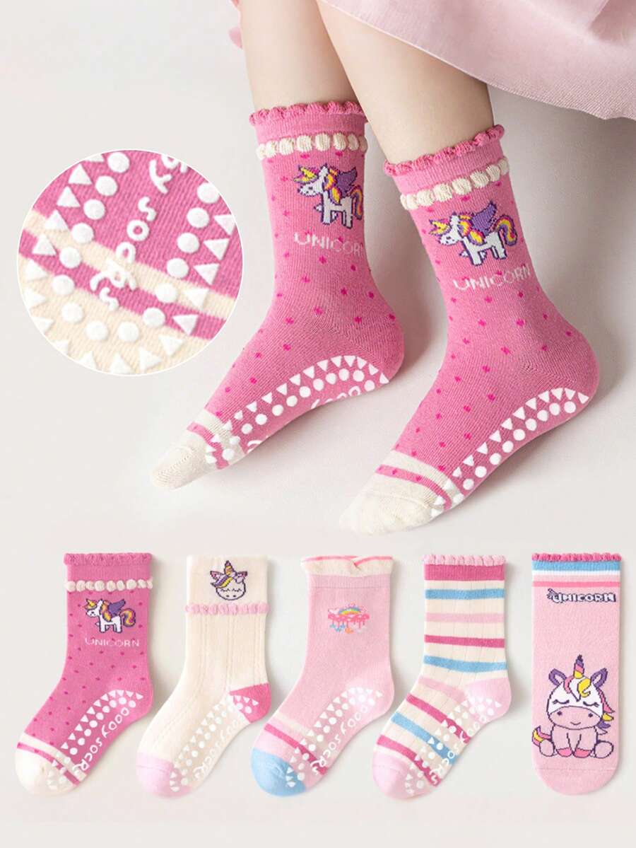 5 Pairs Kids Anti-Slip Rainbow Unicorn Pattern Dotted Floor Socks, Toddler Baby Soft Bottom Indoor Crew Socks With Lace Trim, Suitable For Casual Daily Wear - Multicolor - View 1