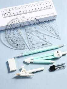 9pcs Student Compass Ruler Set, Includes Triangle Ruler, Protractor, Drawing Tools, Exam & Learning Stationery Supplies, Multi-Function Clip Pen Design - Multicolor - View 9