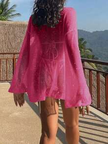 Women's Loose Casual Drop-Shoulder Beach Cover-Up, Summer Vacation - Hot Pink - View 4