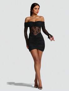 Solid Color Sexy Elegant Lace Backless Ruffle Lace Patchwork Beach Wedding Party Formal Evening Homecoming Dress - Black - View 6