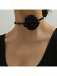 1pc Women's Elegant Faux Pearl Fabric Flower Beaded Necklace, Suitable For Party Wear - Black - View 2
