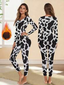 Cow Pattern Women's Warm Underwear Set - Round Neck Top+Pants, Winter And Autumn Slimming Bottom - Multicolor - View 4