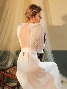 1pc Women's Satin Backless Long Sleeve Robe, Long Bathrobe Style Sleepwear - Multicolor - View 3