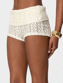 Women Lace Fold Over Shorts Slim Fit Lace Floral Mini Shorts Y2k Foldover Low Rise Micro Bottoms Lounge Sleep Boy Shorts Bottom - trắng - Xem 3