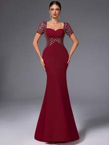 VIPGIRL Elegant Burgundy Mesh Beaded Sheath Evening Dress, Short Sleeve Formal Gown With Illusion Waist, Luxury Bodycon Long Dress For Women,Cocktail Dress,Evening Dress Women Dresses,Quick Ship Women ﻿