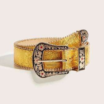 Detta dambälte i amerikansk westernstil har en färgskala i silver och svart, dekorerat med en sliten guldfärgad metalldesign, lämpligt att kombinera med maxiklänningar, denimskjortor och jeans. Perfekt för vardagskläder, modestyling, utomhusaktiviteter, semestrar, fritidssporter, resor, gatustil, bohemisk stil, retrostil, höstkläder och Halloween-/höst-vinteraccessoarer.