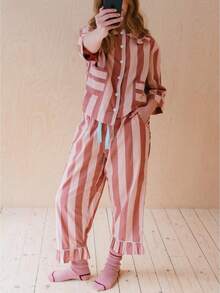 Women Striped 2 Piece Pajama Set Long Sleeve Button Down Shirt Christmas Pants Pj Sets Holiday Sleepwear - Đỏ - Xem 1