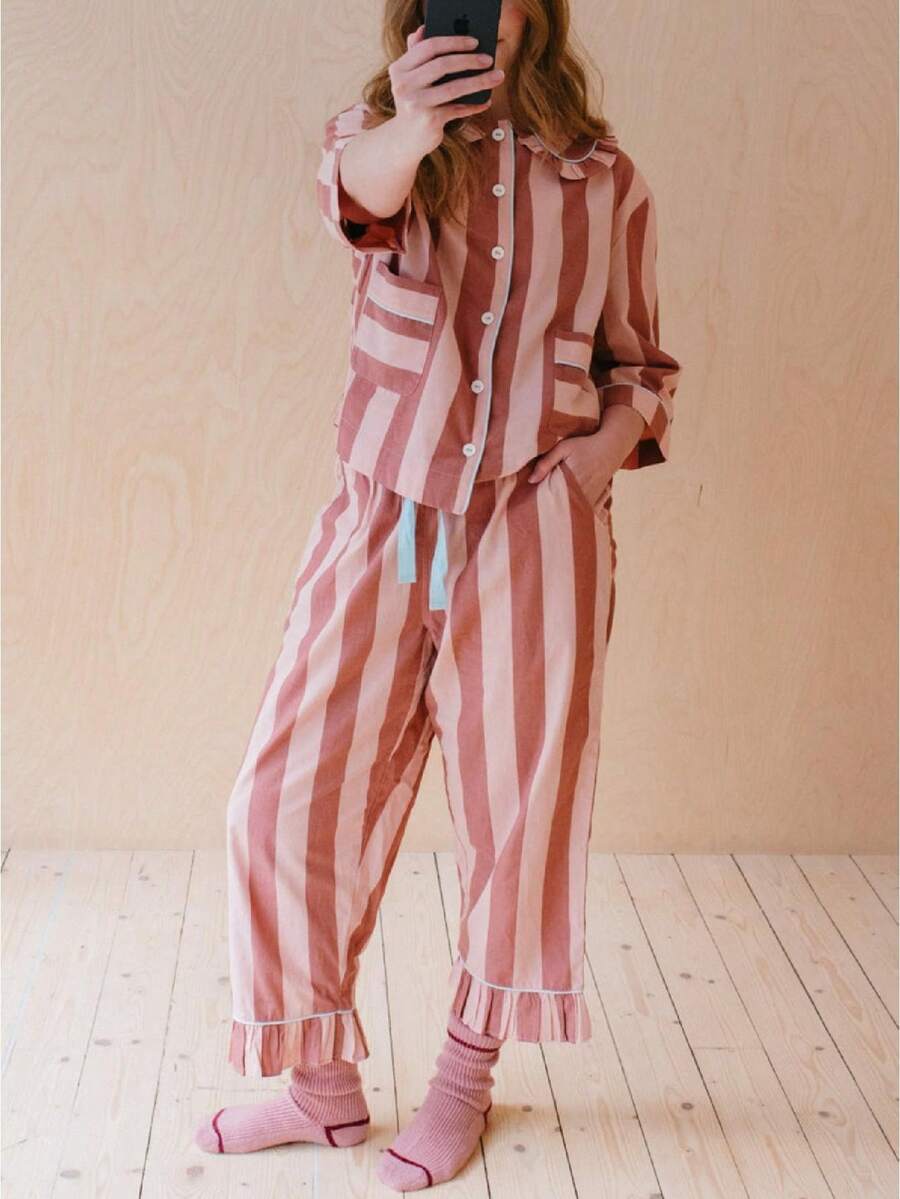 Women Striped 2 Piece Pajama Set Long Sleeve Button Down Shirt Christmas Pants Pj Sets Holiday Sleepwear - Đỏ - Xem 1