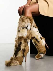 Fashion Luxury EdgyElongate Womens Knee High Boots Pointed Toe Faux Fur Stiletto High Heel Fluffy Winter Boots Party Club Outdoors Furry Long Boots - 棕色 - 查看 4