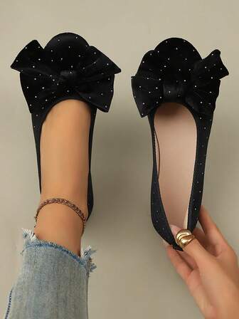 Women's Fashion Minimalist Pointed Toe Shoes With Rhinestone Bow Decor, Elegant For Daily Commute, Date, Valentine's Day, Labor Day, Shopping, Spring/Autumn