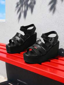 Sandalias de plataforma con cuña y suela gruesa para mujer talla grande, nuevas sandalias de verano versátiles con tira y suela gruesa - Negro - Ver 4