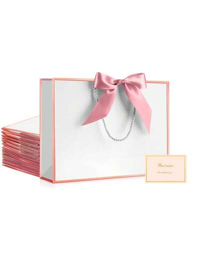 12/6pcs/Horizontal Pink Kraft Paper Gift Bags, Shopping Bags, Handle Packaging Bags, Bow-Decorated Tote Bags, White Large Capacity Paper Bags, Valentine's Day, Back-To-School Season, Wedding, Birthday Gift Packaging Bags, Minimalist Solid Color Shopping Bags, Small Business Supplies, Cheapest Items, Wedding Season Outdoor Parties, Holiday Parties, Jewelry Gift Packaging Boxes