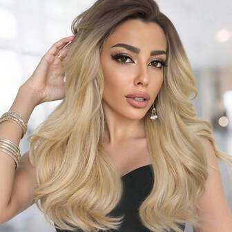 Peluca sintética de fibra de longitud media con ondas suaves y rizadas, color ombre dorado, adecuada para uso diario, Navidad y otras ocasiones, 13*4*1 T-Part Lace Front