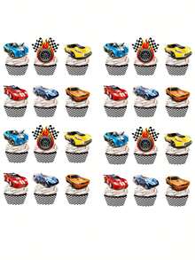 24pcs Racing Car Cake Toppers, Birthday Tire Cake Decorations, Black & White Checkered Flag Cupcake Picks, Suitable For Parties, Christmas And Various Occasions - Red - View 1