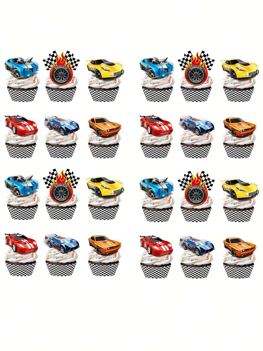 24pcs Racing Car Cake Toppers, Birthday Tire Cake Decorations, Black & White Checkered Flag Cupcake Picks, Suitable For Parties, Christmas And Various Occasions - Red - View 1