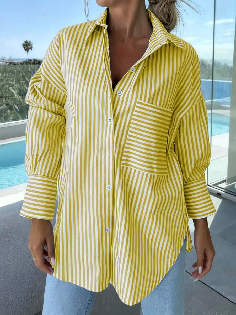 Áo sơ mi nữ cổ cài cúc, họa tiết kẻ sọc