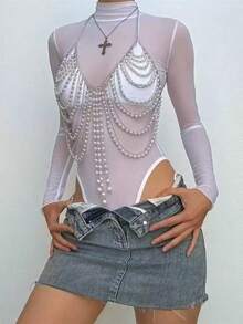 ZHENGHEN Y2K Style Beaded Fringe Backless Camisole Top, Streetwear Clubwear Sexy Body Chain - White - View 8
