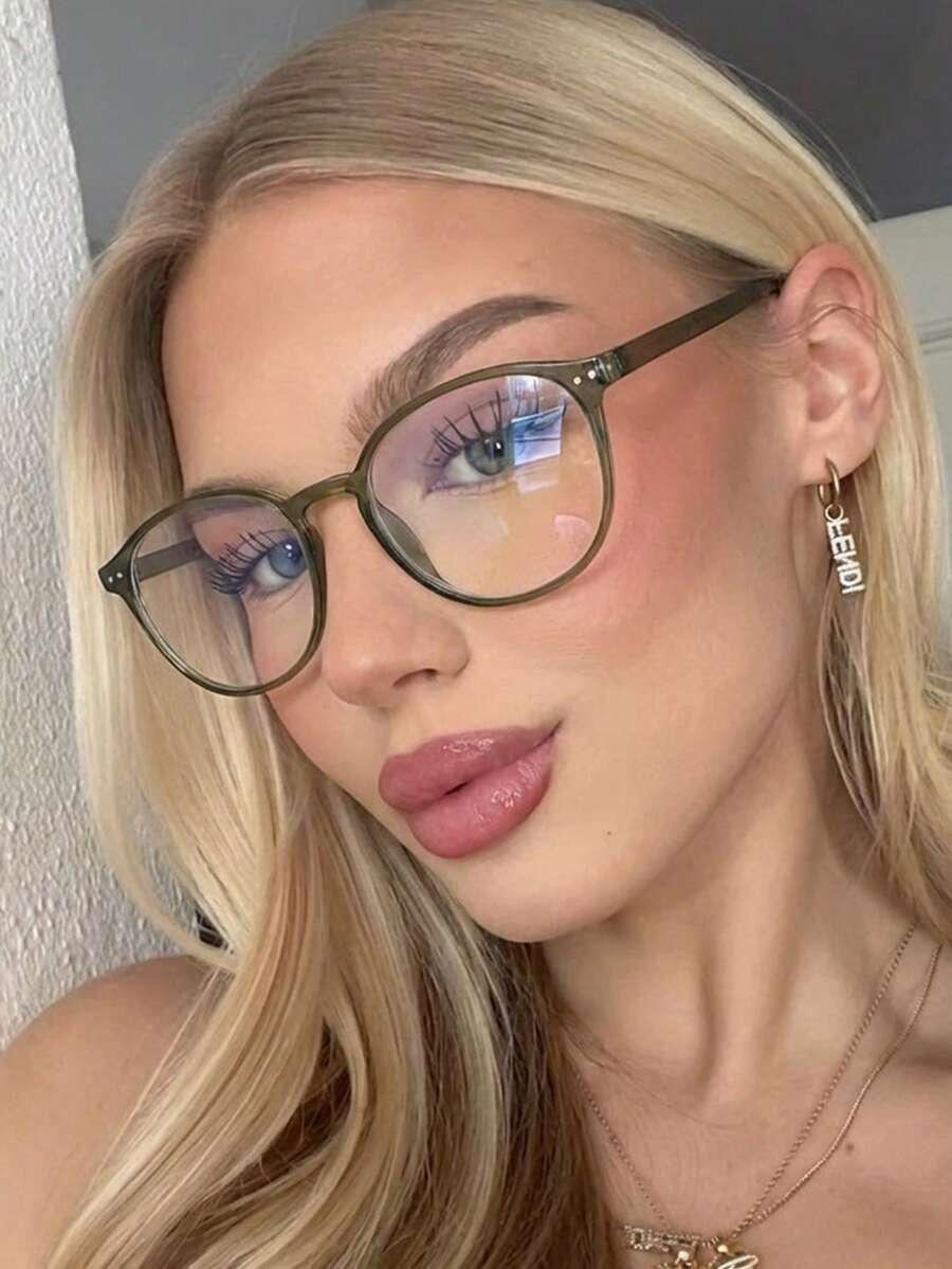 1 Pair Women's TR90 Oval Rivet Fashion Lightweight High-Quality Non-Prescription Glasses - Olive Green - View 1