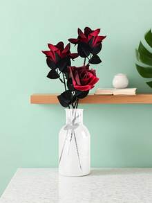 5支/1束黑红玫瑰仿真花，带茎，丝质花束，适用于哥特式婚礼、家居、办公室、酒店装饰、节日装饰，尤其适合万圣节 - 黑紅 - 查看 9