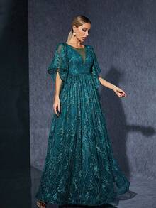 圆领，蕾丝刺绣透视设计，中长袖，高端晚礼服。女士优雅连衣裙 - 軍綠色 - 查看 5