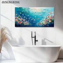[2D Flat]1 Piece Large Frame Canvas Painting Art Print, Underwater Scene With Colorful Fish And Vibrant Water Flowers, Abstract Brushstrokes, Blue Ocean Background, High Quality Wall Art Printed Poster Can Be Hung Directly For Living Room - 多色 - 查看 8