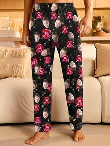 Customized Face Print And Striking Red Lip Dotted Pattern Men's Long Pajama Pants - Valentine's Day, Anniversary, Birthday, Casual Wear, Valentine's Day Gift, Loungewear, Romantic Gift - Black - View 3
