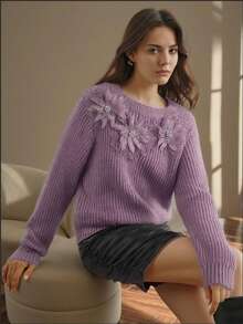 Pulover cu mânecă lungă, cu imprimeu floral, casual, cu nervuri și perle, pentru femei, toamnă/iarnă