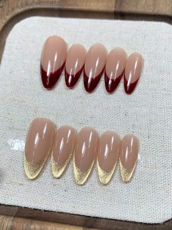 1 Conjunto de Adesivos de Unhas de Manicure Francesa Feitos à Mão, Cor Vermelha Elegante, Alta Qualidade, Adequado para Outono/Inverno