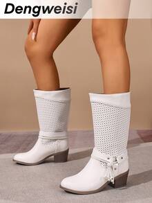白色条纹搭扣镂空不对称西部风格套脚中跟圆头百搭优雅休闲街头度假学校通勤办公欧美时尚中筒靴，春夏款 - 白色 - 查看 2