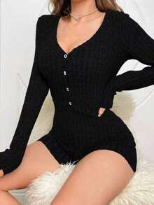 1pc Women's Casual Fitted Ribbed Knit Jumpsuit, Suitable For Spring, Summer, Autumn - Black - View 4