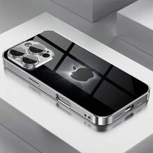 1pc Minimalist Black Transparent Apple Design Glass Material Phone Case, Elegant And Suitable For IPhone - Silver - View 1