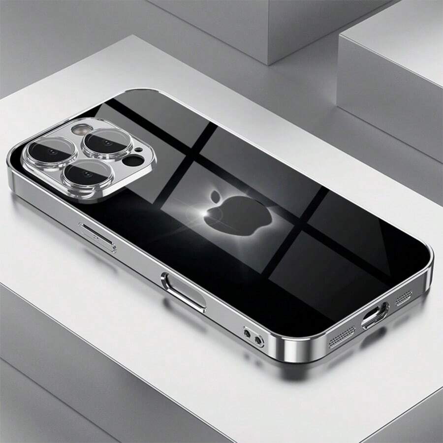 1pc Minimalist Black Transparent Apple Design Glass Material Phone Case, Elegant And Suitable For IPhone - Silver - View 1