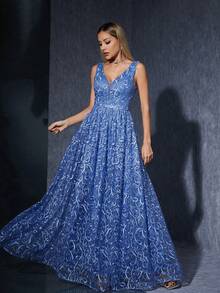 V-Neck, Embroidered Lace, Sleeveless, Front Slit, Ruffled Edge, High-End Evening Gown.Blue Dresses For Women - Blue - View 3