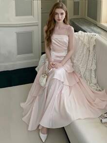 优雅别致晚宴鸡尾酒会礼服婚礼宾客蕾丝荷叶边长款吊带连衣裙修身沙滩装女装 - 淺粉色 - 查看 4