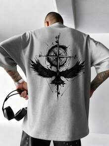 Krometka 男士休闲百搭鹰罗盘图案印花短袖T恤 - 灰色 - 查看 4